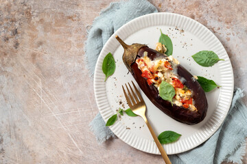 Baked eggplant with cheese mozzarella, tomatoes and basil. Healthy eating.
