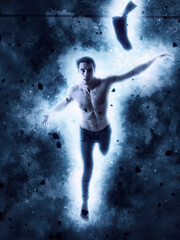 Fototapeta na wymiar A man is running through the space with a light shining on him