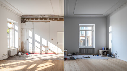 Renovated rooms with spacious windows and heating systems, both before and after the restoration process. Examination of the differences between an old apartment and a newly renovated residence.  - obrazy, fototapety, plakaty