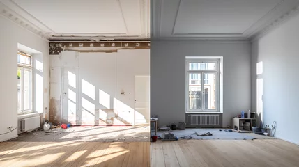 Foto op Plexiglas Renovated rooms with spacious windows and heating systems, both before and after the restoration process. Examination of the differences between an old apartment and a newly renovated residence.  ©  Mohammad Xte