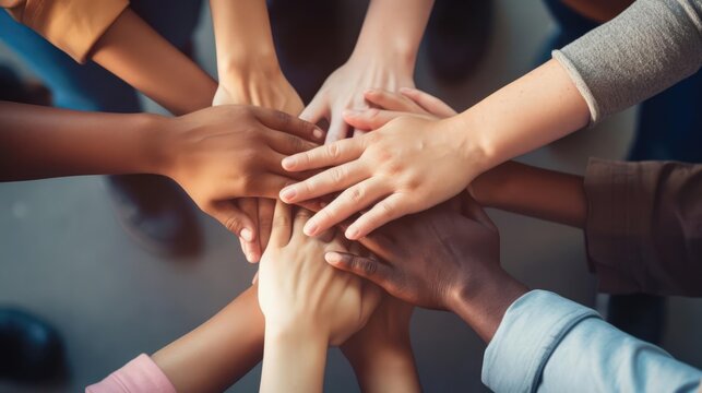 Stack of hands showing unity and teamwork © Fred