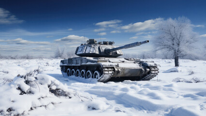 Image of a modern military tank driving through a clearing in a snowy field.
