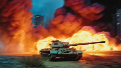 Image of a modern military tank driving through a city  in a fire.