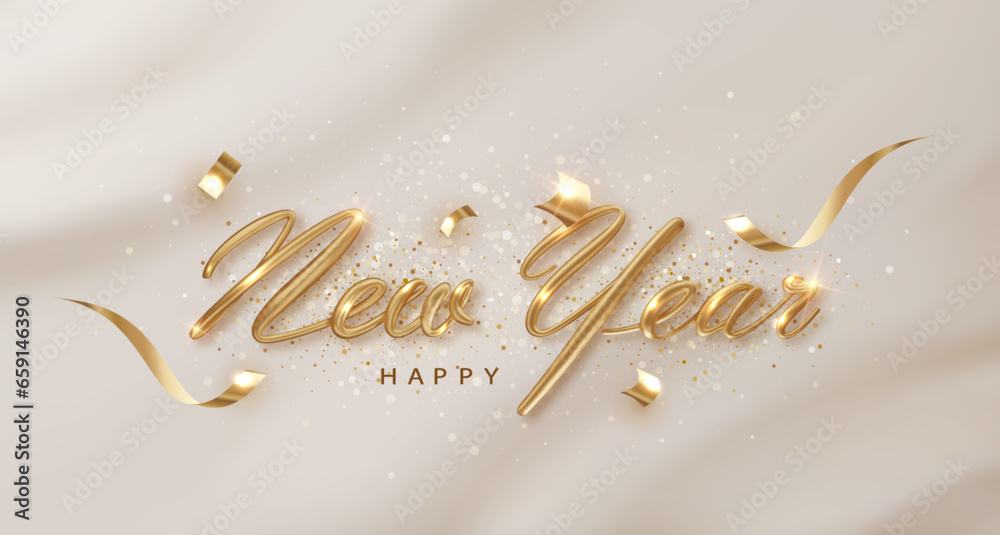 Wall mural happy new year golden inscription with ribbons and confetti on a white background. banner for christ