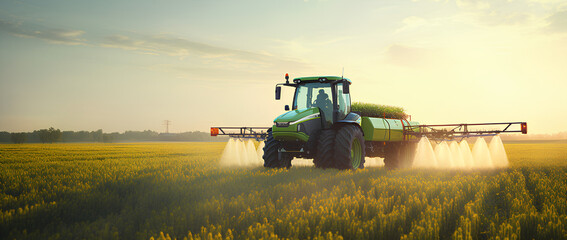 Tractor Spraying Pesticides on the farm at sunrise - obrazy, fototapety, plakaty