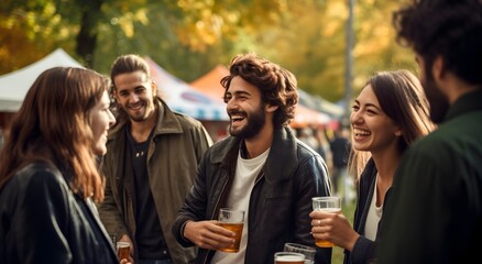 Obraz premium a group of friends enjoying their beer during a festival