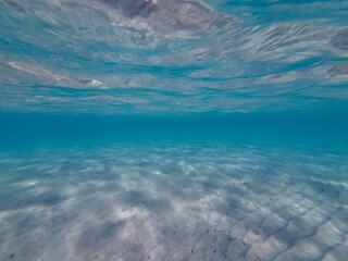 Fototapeta na wymiar Underwater photo on the beach in Athens. Clean water and sandy bottom.