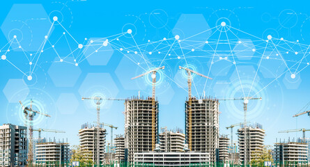 Construction technology banner background. Construction site with cranes, fittings and concrete.