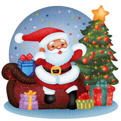 A cute Santa Claus character with many present box. Christmas, winter, holiday design elements.Vector illustration drawing.