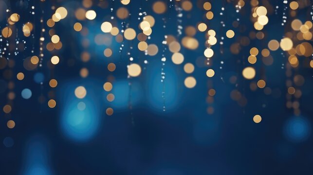 holiday illumination and decoration concept christmas garland bokeh lights over dark blue background 