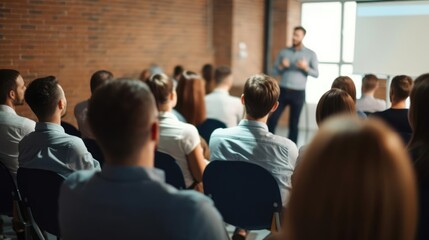 Male speaker giving presentation in hall at university workshop