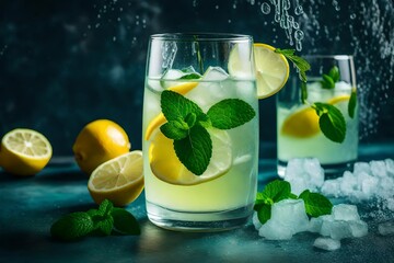 A refreshing and fizzy glass of freshly squeezed lemonade with a sprig of mint - AI Generative