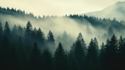 Misty landscape with fir forest in hipster vintage retro style 