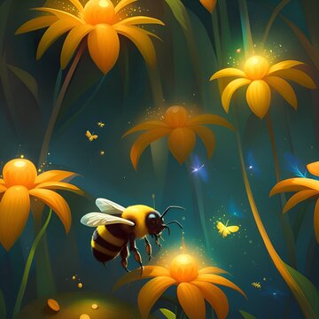 magical bee on flowers