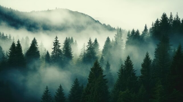 Misty landscape with fir forest in hipster vintage retro style 