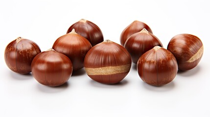 Obraz premium Chestnuts with leaves on a white surface and a white background.