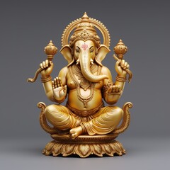 Fototapeta premium A golden statue of a ganesha on a gray background.