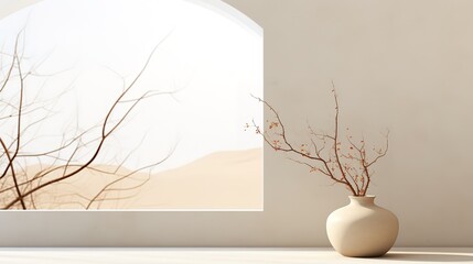 large white vase with dry branches opposite the window in a white interior. White sand.