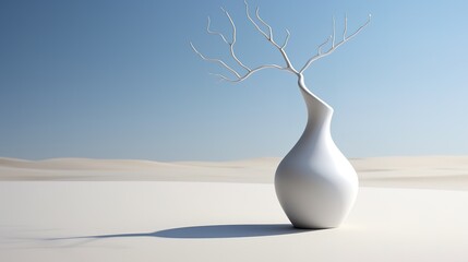 White ceramic vase with winter branches on a white and blue interior background.