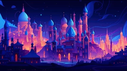 Schilderijen op glas illustration cartoon, fairytale night city with towers and palace © Jorge Ferreiro