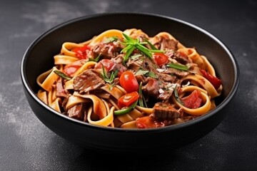 Fettuccine pasta with beef ragout in black bowl on a grey background. Close up, top view. Generative AI