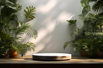 Obraz premium Pedestal on wooden base against wall with tropical plants, Image background for presentations product, Natural products advertising