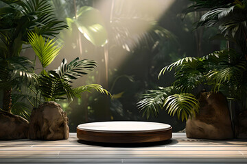Obraz premium Pedestal on wooden base against wall with tropical plants, Image background for presentations product, Natural products advertising