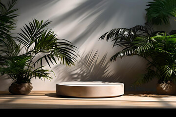 Obraz premium Pedestal on wooden base against wall with tropical plants, Image background for presentations product, Natural products advertising
