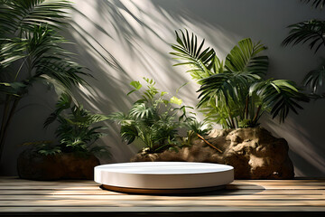 Fototapeta premium Pedestal on wooden base against wall with tropical plants, Image background for presentations product, Natural products advertising background