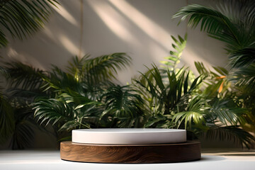 Pedestal on wooden base against wall with tropical plants, Image background for presentations product, Natural products advertising