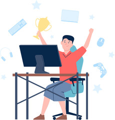 Cyber sport player. Digital competition winner with gold cup. Happy guy, e-sport athlete at computer. Geek character, young gamer recent vector scene