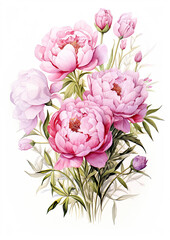 Generative AI, watercolor illustration of flowers, peonies, roses, pink color, plants, drawing, bouquet, background, postcard, space for text, white background, garden, bloom, spring, Valentine's day