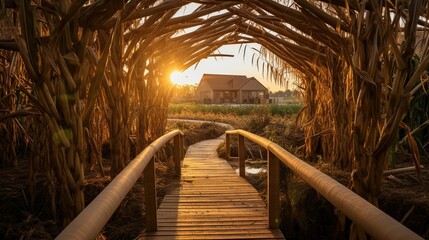 Aerial view of a fall corn maze with towering stalks, sunlight filtering through gaps. Wooden bridge over a small stream, intricate design. Outdoor adventure in nature