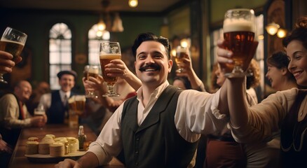 a man is holding a large glass of beer at a restaurants - obrazy, fototapety, plakaty