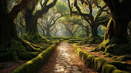 A serene pathway winds through a dense forest of ancient trees, their moss-covered trunks basking in dappled sunlight. The enchanting scenery invites exploration