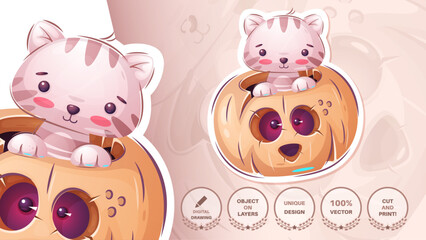 Sticker cartoon character adorable kitty, pretty animal idea for print t-shirt, poster and kids envelope, postcard. Cute hand drawn style Halloween.