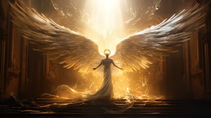 Guardian of the Sun, majestic golden girl goddess with outstretched wings - obrazy, fototapety, plakaty