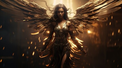 Guardian of the Sun, majestic golden girl goddess with outstretched wings