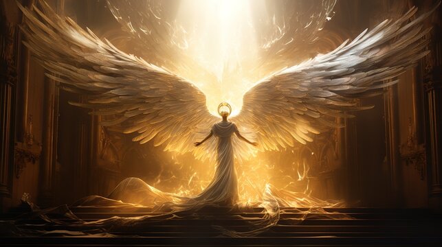 Guardian of the Sun, majestic golden girl goddess with outstretched wings