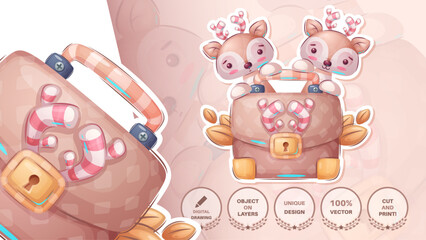 Sticker cartoon character adorable deer, pretty animal idea for print t-shirt, poster and kids envelope, postcard. Cute hand drawn style elk.