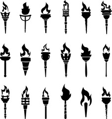 Black torch silhouettes. Isolated torches with flames. Success and leadership symbols, victory in competition icons. Flambeau nowaday vector set