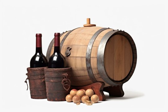 Wooden wine barrel and box with bottles, along with a clipping path. Generative AI