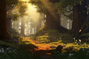 A sunlit forest with trees, leaves on the ground. Generative AI