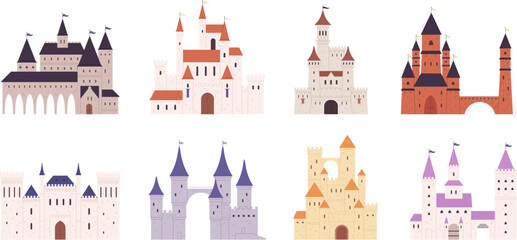 Cartoon fantasy castles exterior. Medieval castle and towers, stone fortresses. Fairytale architecture, gothic fortified buildings racy vector set © LadadikArt