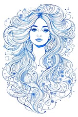 Sketch, line art a colorful portrait of a woman with long beautifully curled hair.