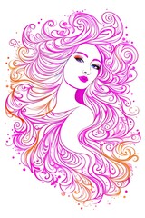 Sketch, line art a colorful portrait of a woman with long beautifully curled hair.