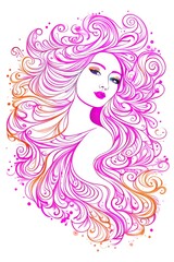 Sketch, line art a colorful portrait of a woman with long beautifully curled hair.