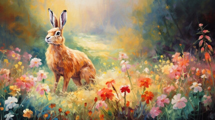 Oil painting of peaceful hare on a colorful blooming forest glade, impressionism, canvas texture. Beautiful artistic image for poster, wallpaper, art print. - obrazy, fototapety, plakaty