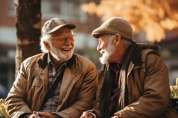 aged male couple sitting on a bench in the sunshine at a autumn day - obrazy, fototapety, plakaty