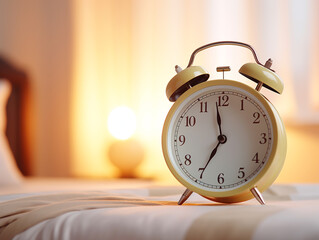 Close-up of an alarm clock on the background of a bright room, bed and window with curtains